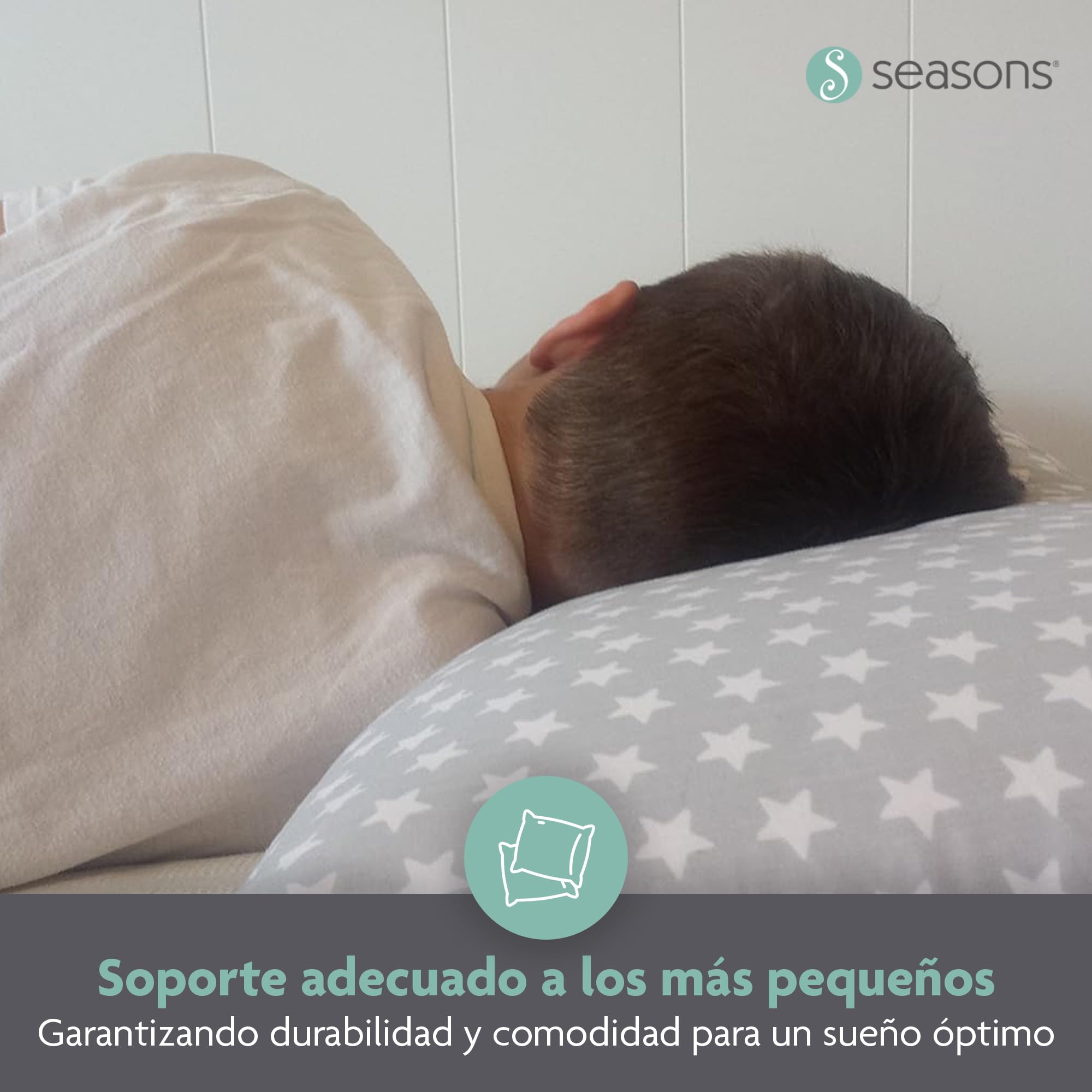 SEASONS - Almohada Viscoelástica 90 cm para Niños, Doble Funda con Cremallera, Almohada Baja de 9 cm, Transpirable, Tejido Exterior con Estrellas, Fabricado en España
