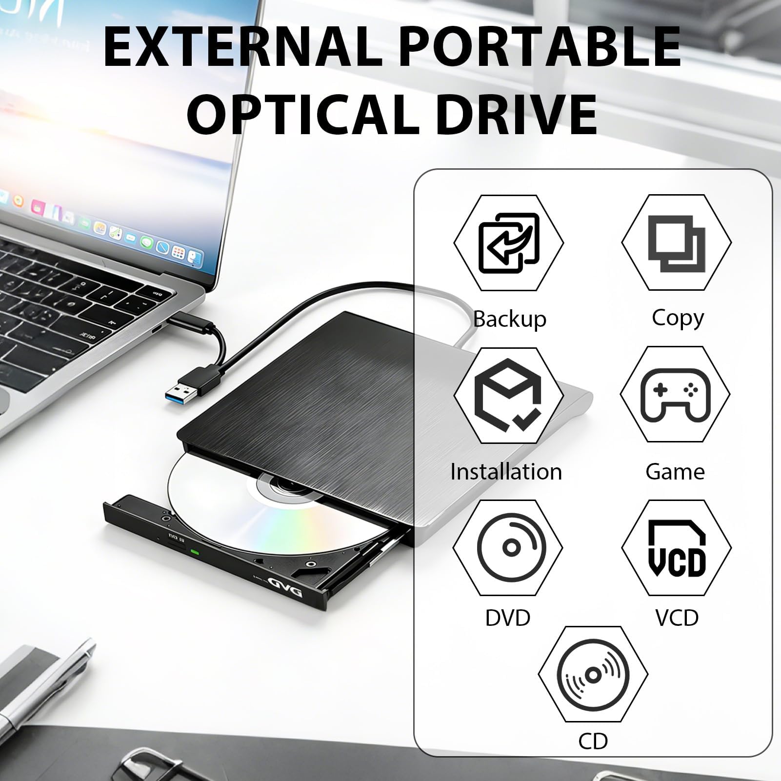 Aivane Grabadora CD/DVD Externa USB 3.0 y Type-C, Ultra-Slim CD/DVD +/-RW Drive Porttil Burner Lector DVD Externo para Windows 11/10/8/7/XP/Vista Linux MacOS Laptop Desktops — view 4