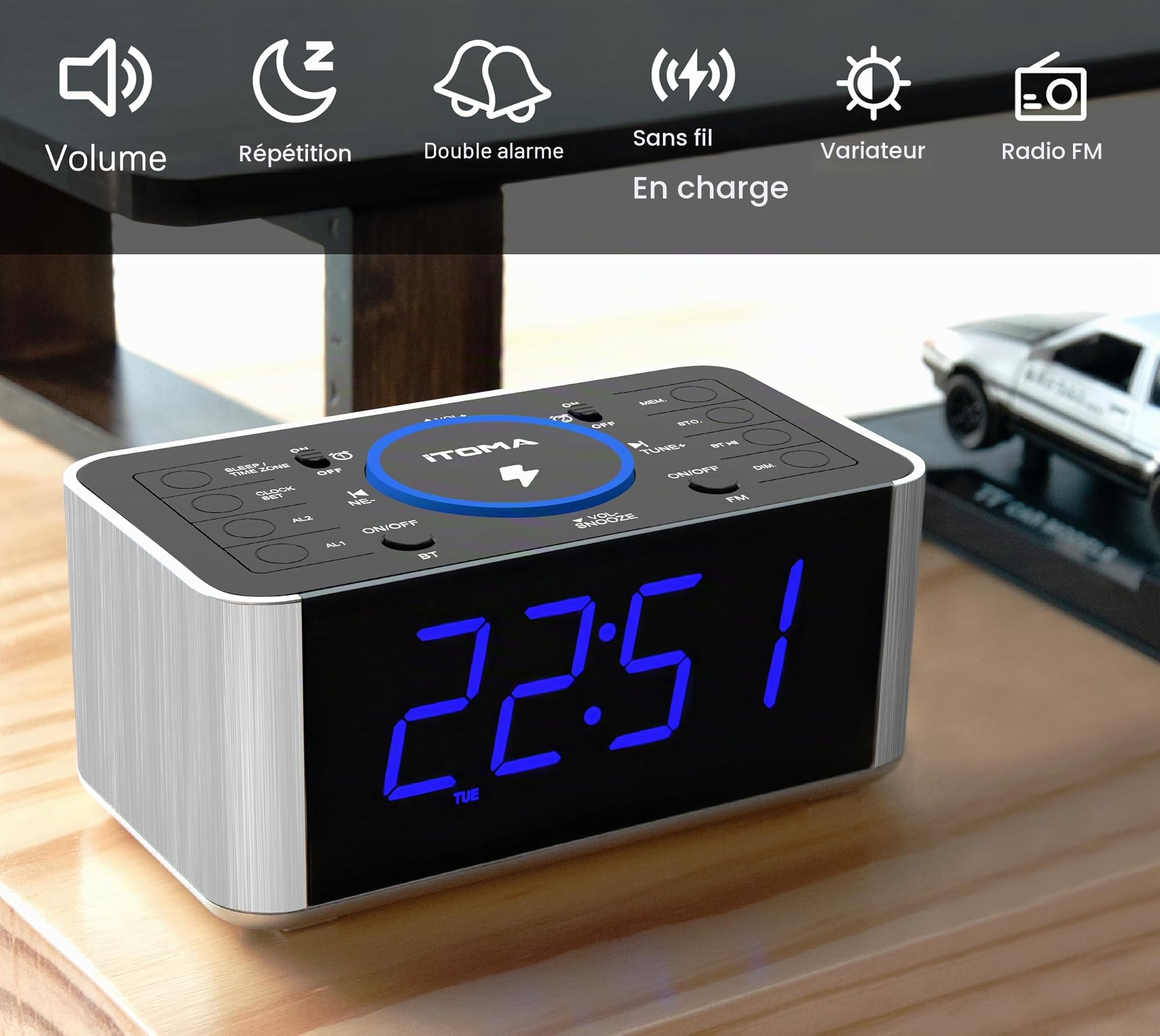 iTOMA Radio réveil avec Charge sans Fil 5W, Snooze, Bluetooth, Double réveil, écran LED de 1,4 Pouces, gradateur, tête de lit USB Charge Horloge 206