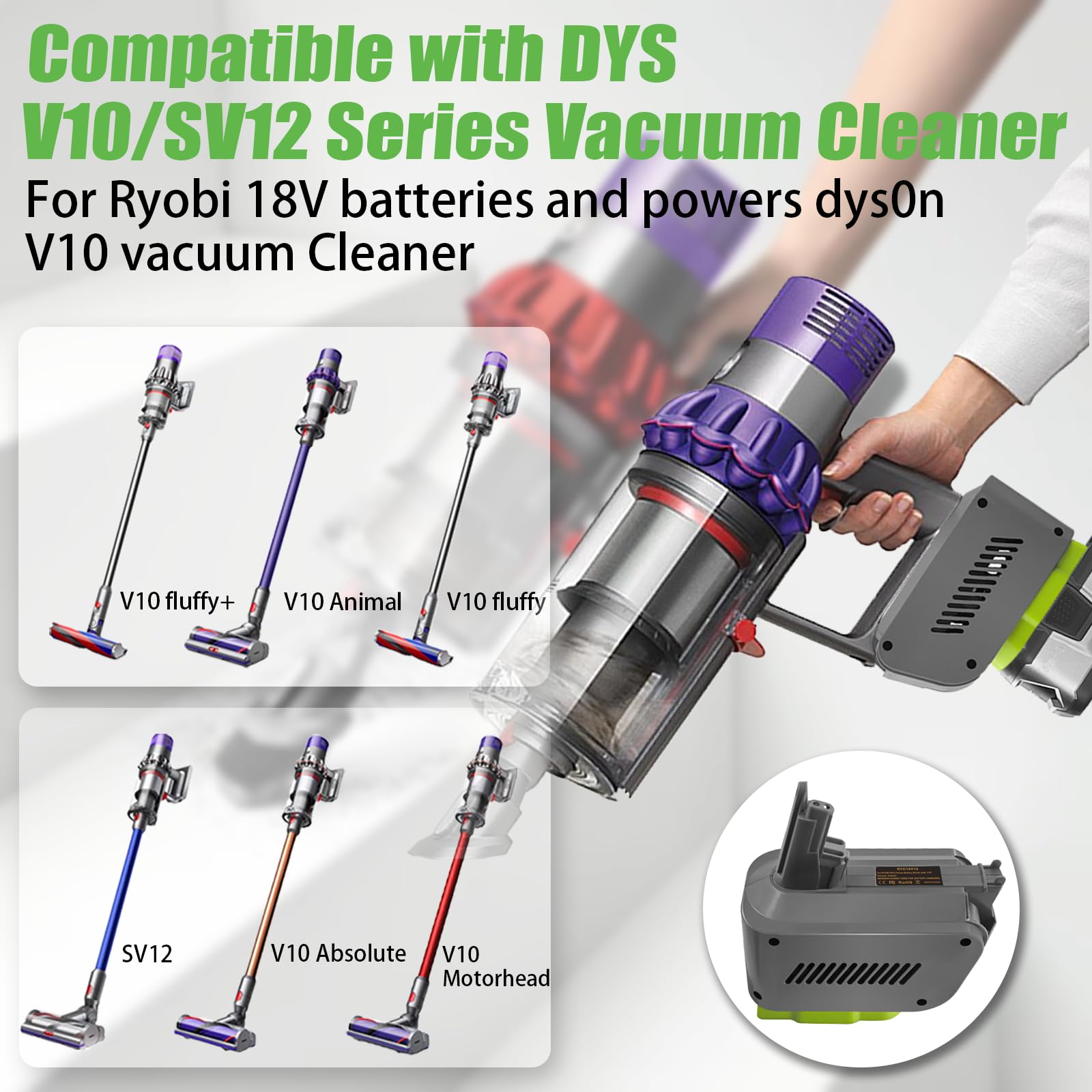TPDL Adaptateur V10 pour Batterie Ryobi 18 V, convertit en aspirateur à Main Dyson V10 SV12 Battery Animal Absolute