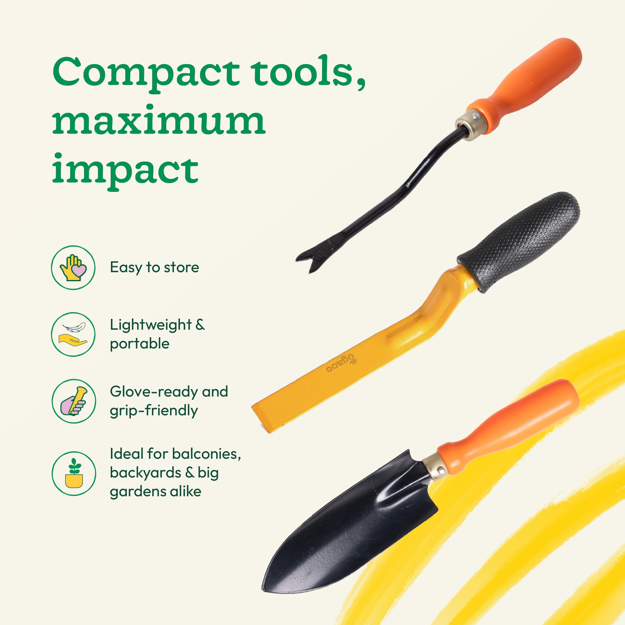 Ugaoo Garden Tool Set – 3 Pcs | Small Trowel, 2-Inch Khurpi & Weeder | Durable, Rust-Resistant Garden Tools with Ergonomic Wooden Handles | Perfect for Home, Balcony & Potted Gardening - Image 6 thumbnail