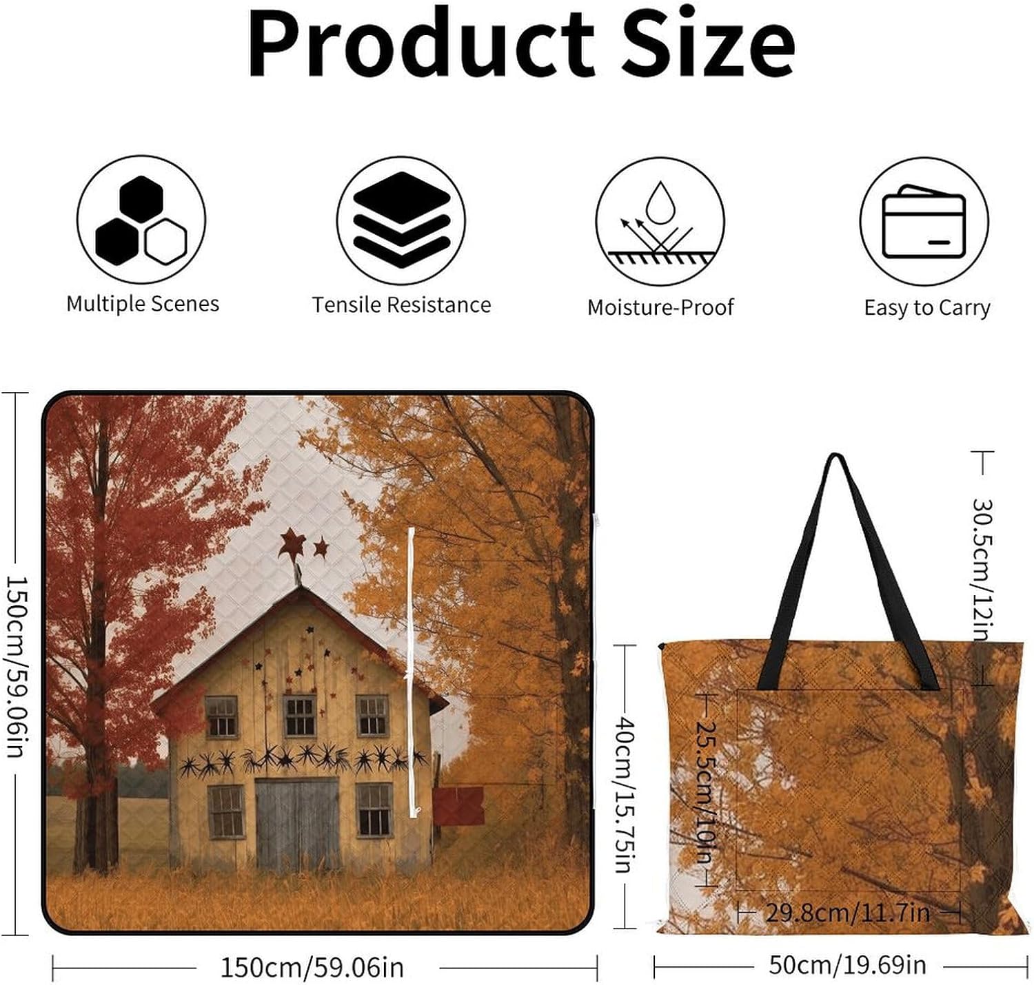 Fall Country Barn Picnic Blanket with Zipper Water Resistant Sand Free Picnic Mat Washable Foldable Easy Carry Beach Blanket for Lawn Beach Hiking Camping