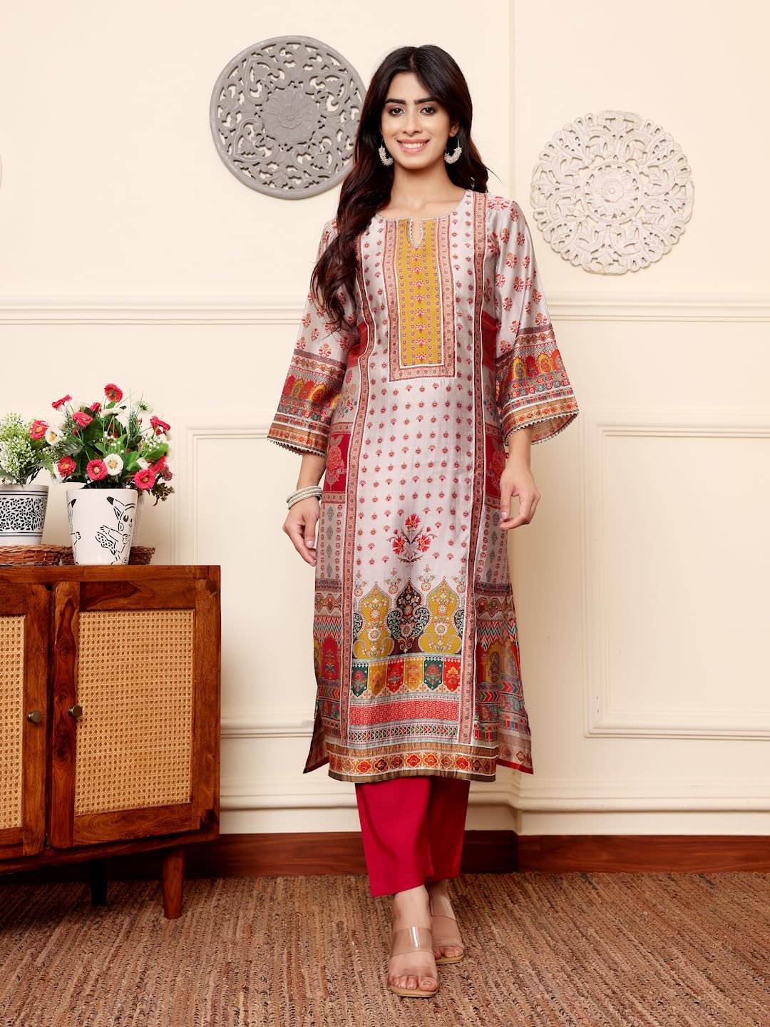 Varanga Women Grey Ethnic Floral Printed Gota Embellished Kurta With Solid Trouser  Stylish And Elegant Ethnic Set