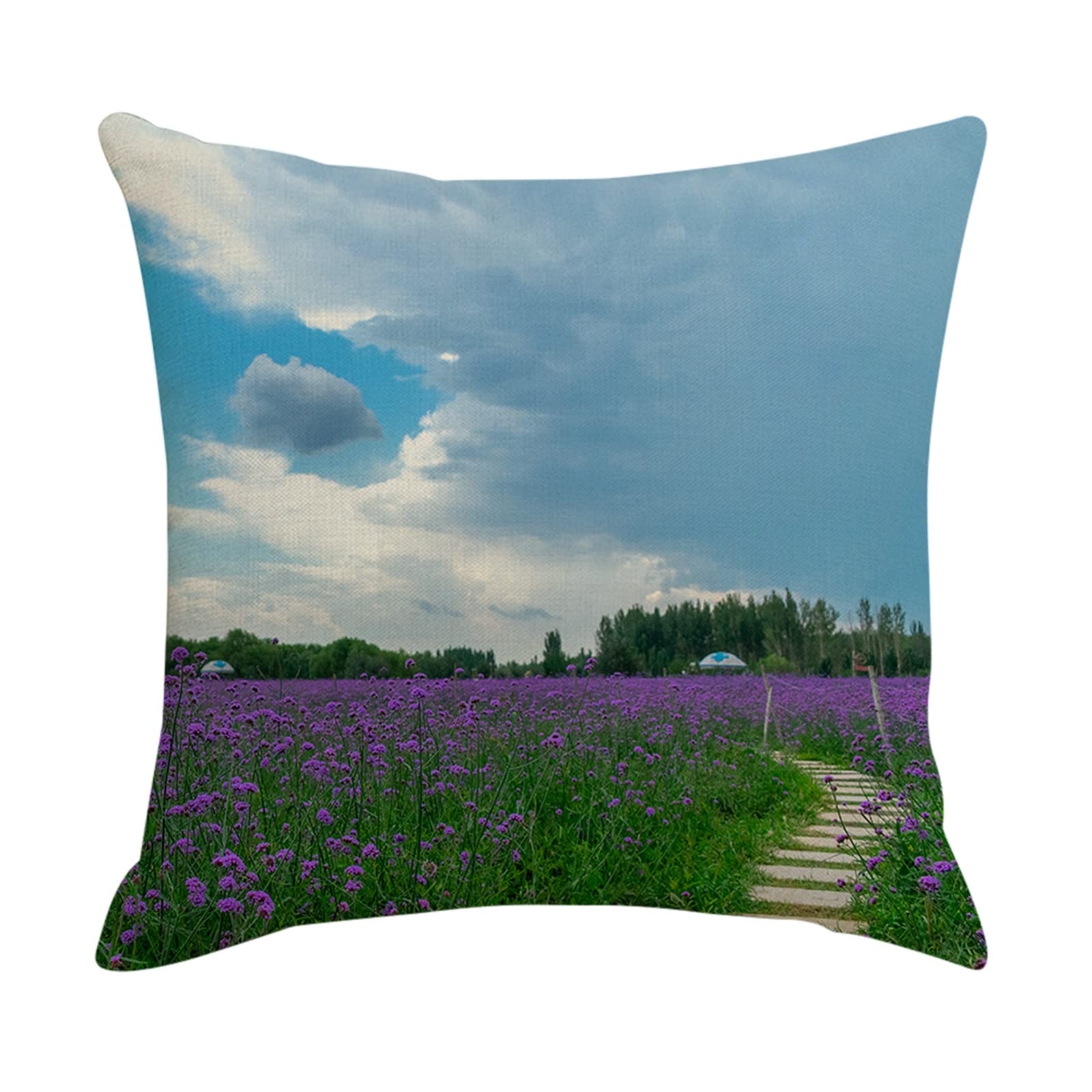 4 fundas de almohada de 50 x 50 cm, funda de cojín decorativa, azul, morado, verde, cielo y sauce verbena patrón de lino para sala de estar, sofá dormitorio