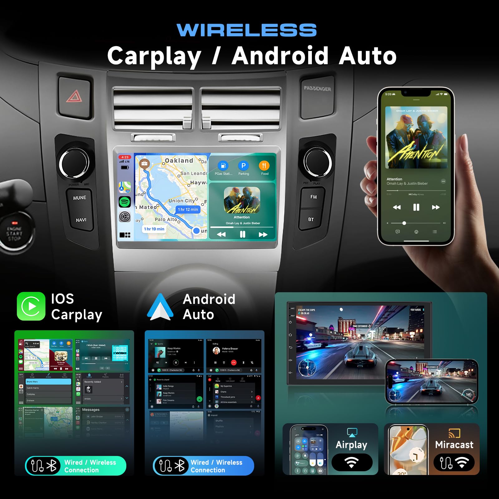 Hodozzy 2G+64GB Autoradio pour Toyota Yaris/Vitz/Platz 2005-2011 Carplay Android Auto sans Fil, Écran Tactile 7 Pouces avec GPS WiFi Bluetooth FM/RDS Android Radio 2 Din pour Toyota Yaris + Caméra