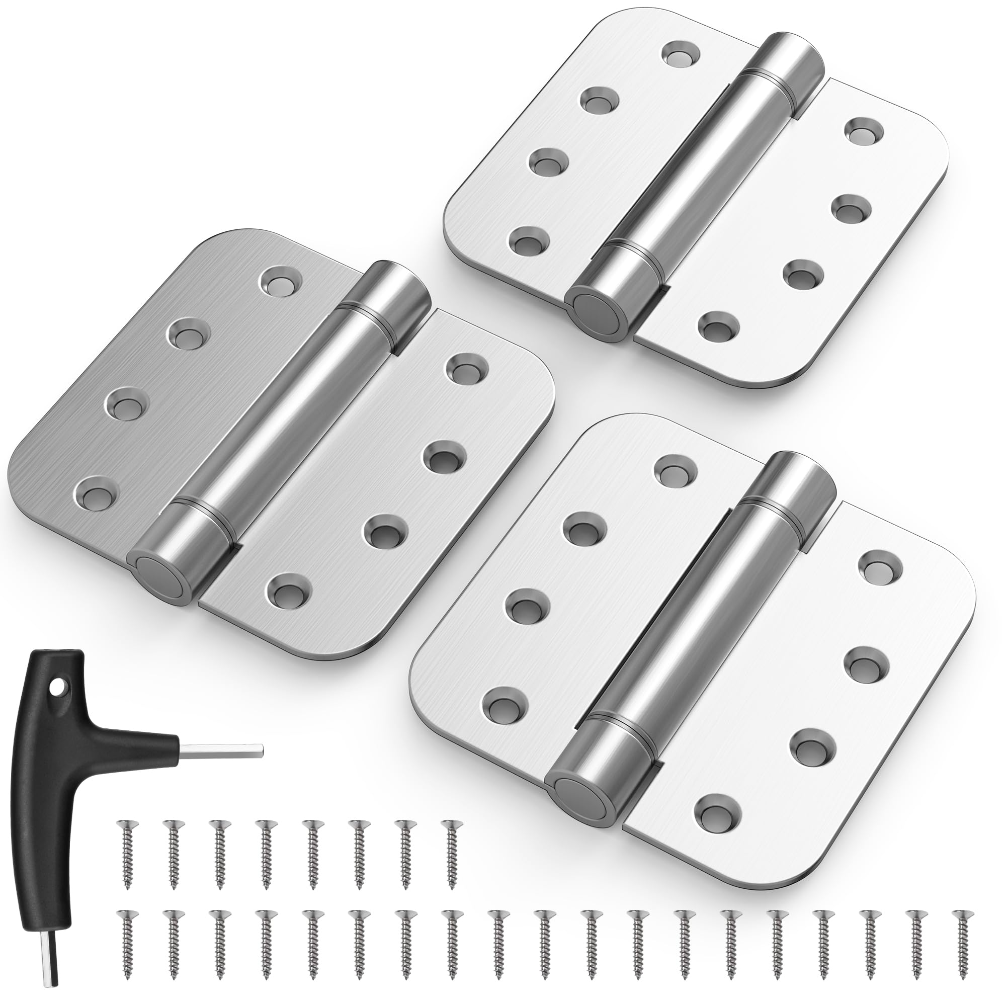 KOLET Self Closing Door Hinges, 4 x 4 Inches Door Hinges with Auto Close, 5/8" Radius Corners Spring Hinges, Commercial Grade Stainless Steel, Durable and Heavy Duty, Brushed Nickel, 3 Pack