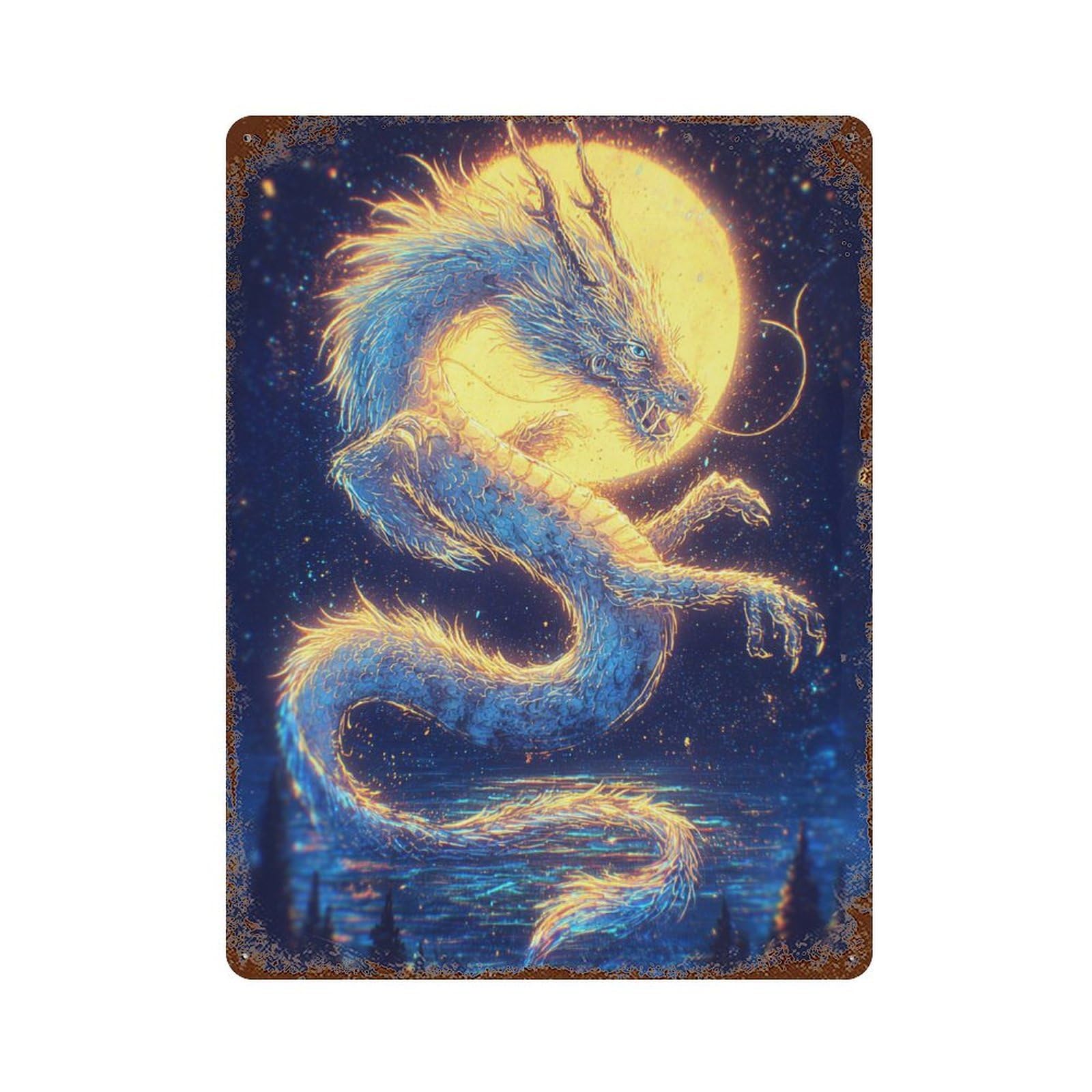 Weathered Tin Sign Dragon Moonlit Night Art Print 15.7"x11.8", Novelty Wall Decor for Basement, Hobby Room And Garage Decor