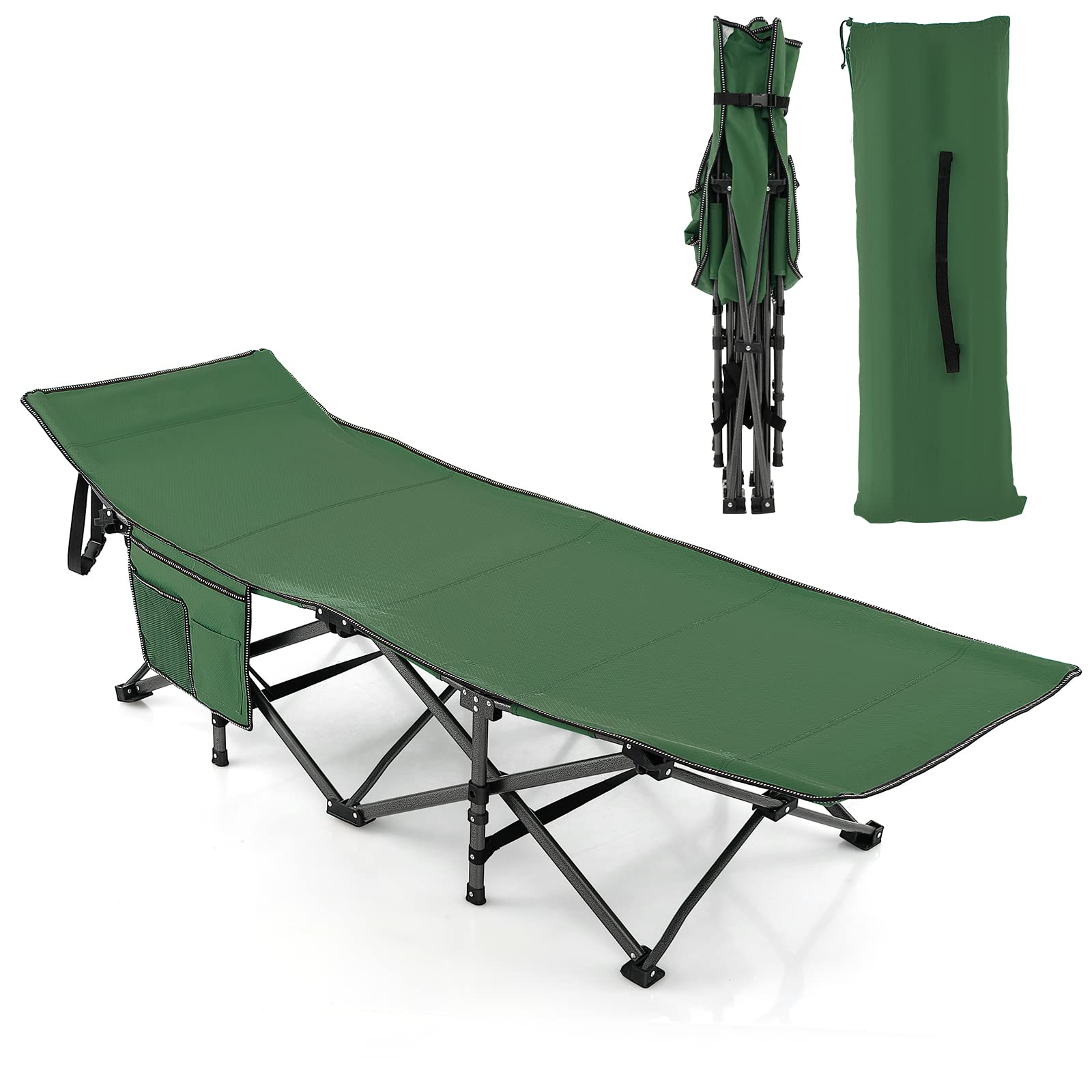 COSTWAY Brandina da Campeggio Pieghevole, Letto Portatile con Poggiatesta Inclinato, Tasca Laterale e Borsa di Trasporto, Branda Campeggio per Backpacking, Ospiti e Pesca, Portata 272 kg