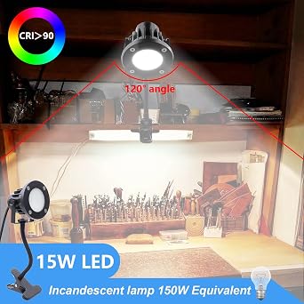 LED Clamp Work Light, 15W (150W Equivalent) All Metal Floodlight with 11.5FT Cord, IP65 Waterproof Outdoor & Indoor, 360 Adjustable Clip on Light, for Garage Workshop Construction (15W-Warm White)