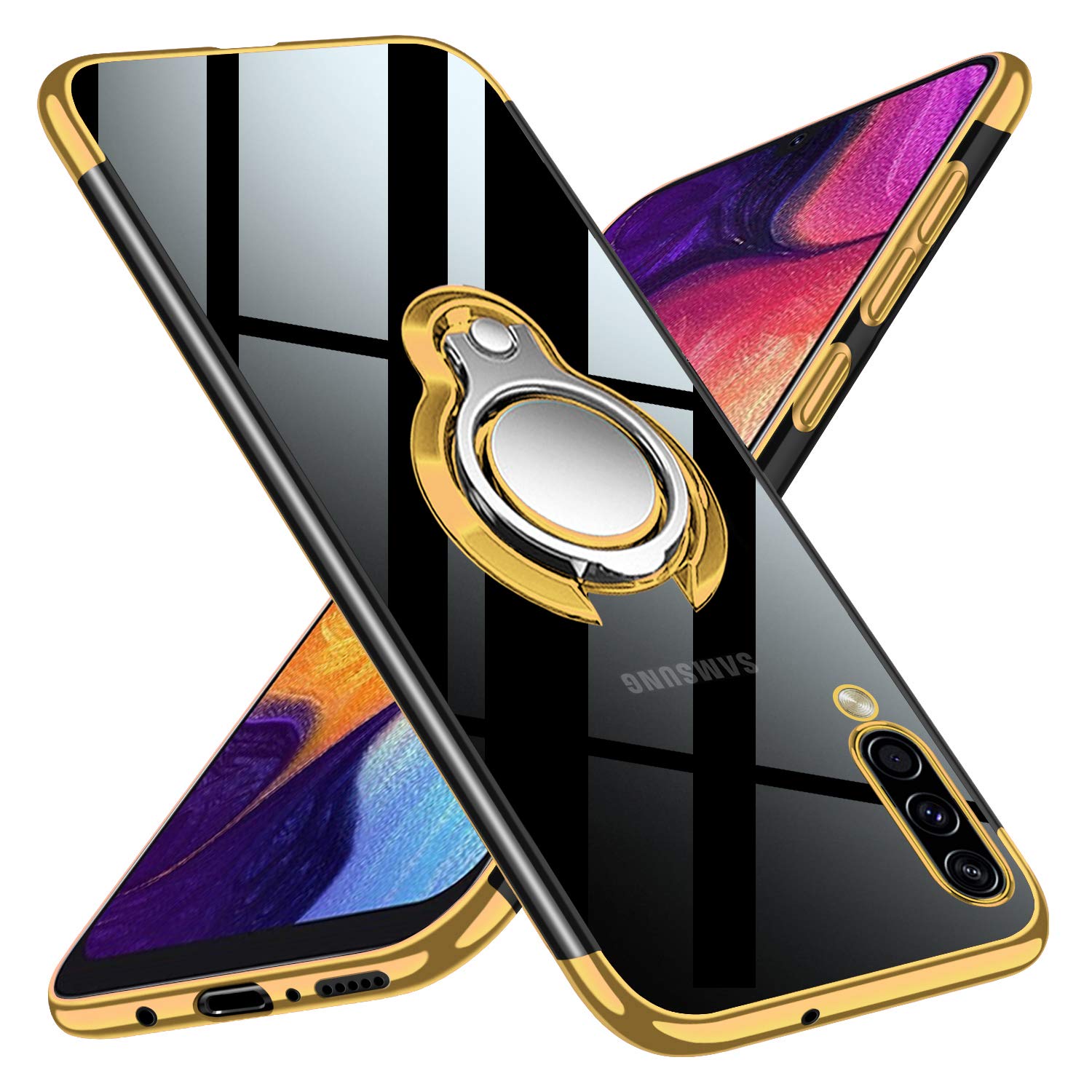 kadixini Samsung Galaxy A50 Case, Crystal Clear Silicone with 360 Rotatable Ring Kickstand Holder Transparent Flexible TPU Slim Thin Protective Cover for Samsung Galaxy A50 - Gold