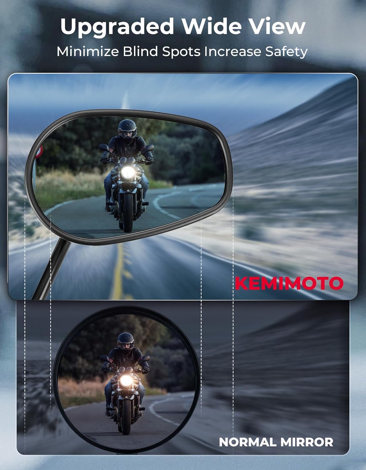 KEMIMOTO Universal Motorcycle Rear View Mirrors, M10 Billet Aluminum Heavy Duty Handlebar Side Mirrors for Cruiser Sport Naked Bike ADV Touring Motorbikes, Black