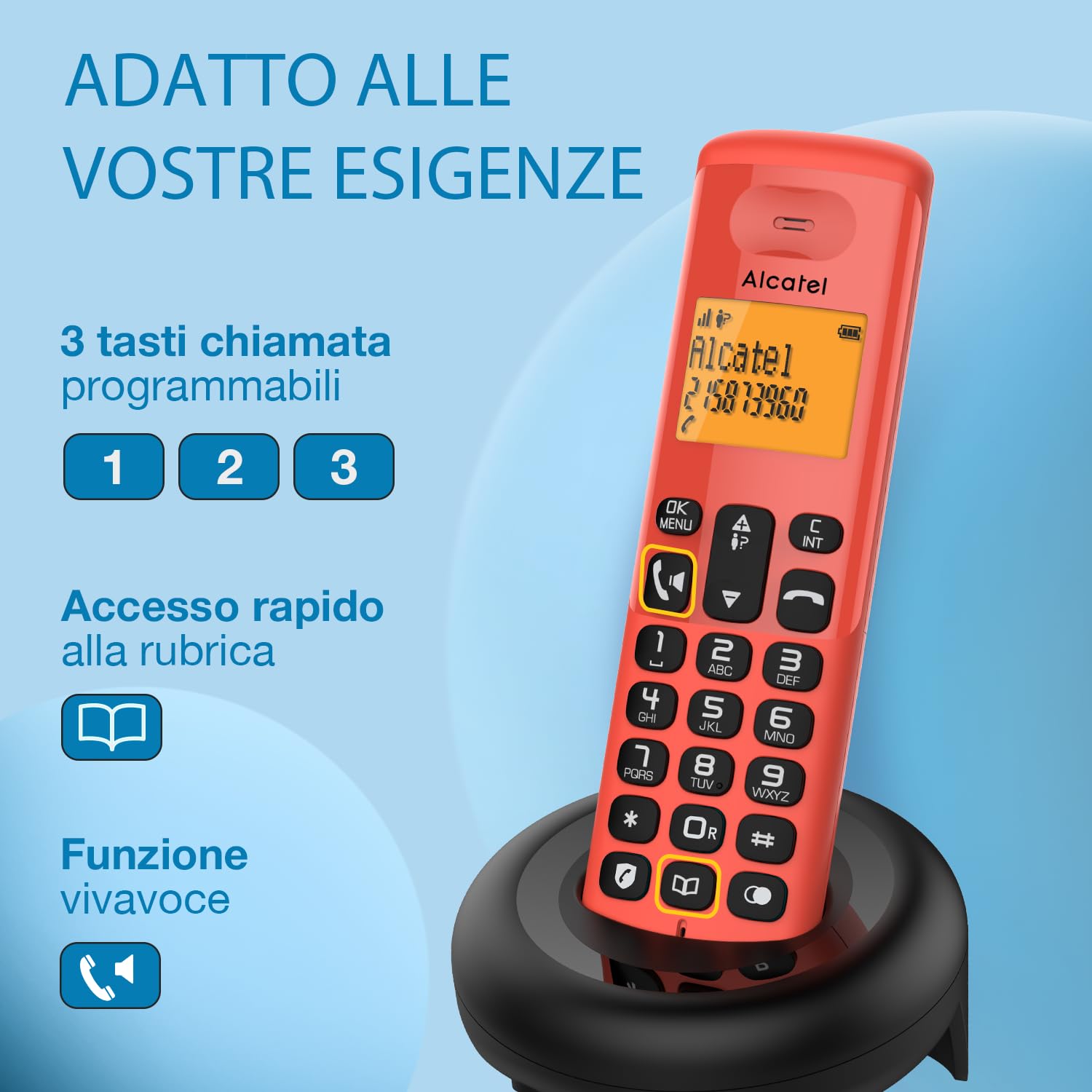 ALCATEL E260 - Telefono fisso cordless DECT - Design compatto - Grande display retroilluminato - Vivavoce - Funzione blocco chiamate indesiderate - Rosso
