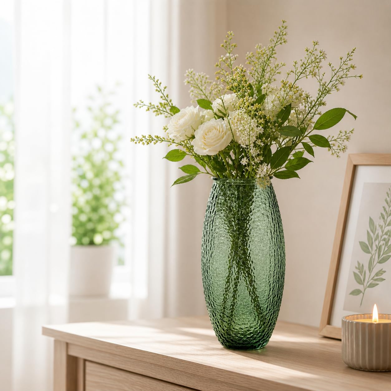 Whizzo Textured Glass Flower Vase for Living Room Décor | Decorative Vase for Fresh & Artificial Flowers | Modern Table Centerpiece for Home Office Bedroom (FV-2010, Green)-image-43