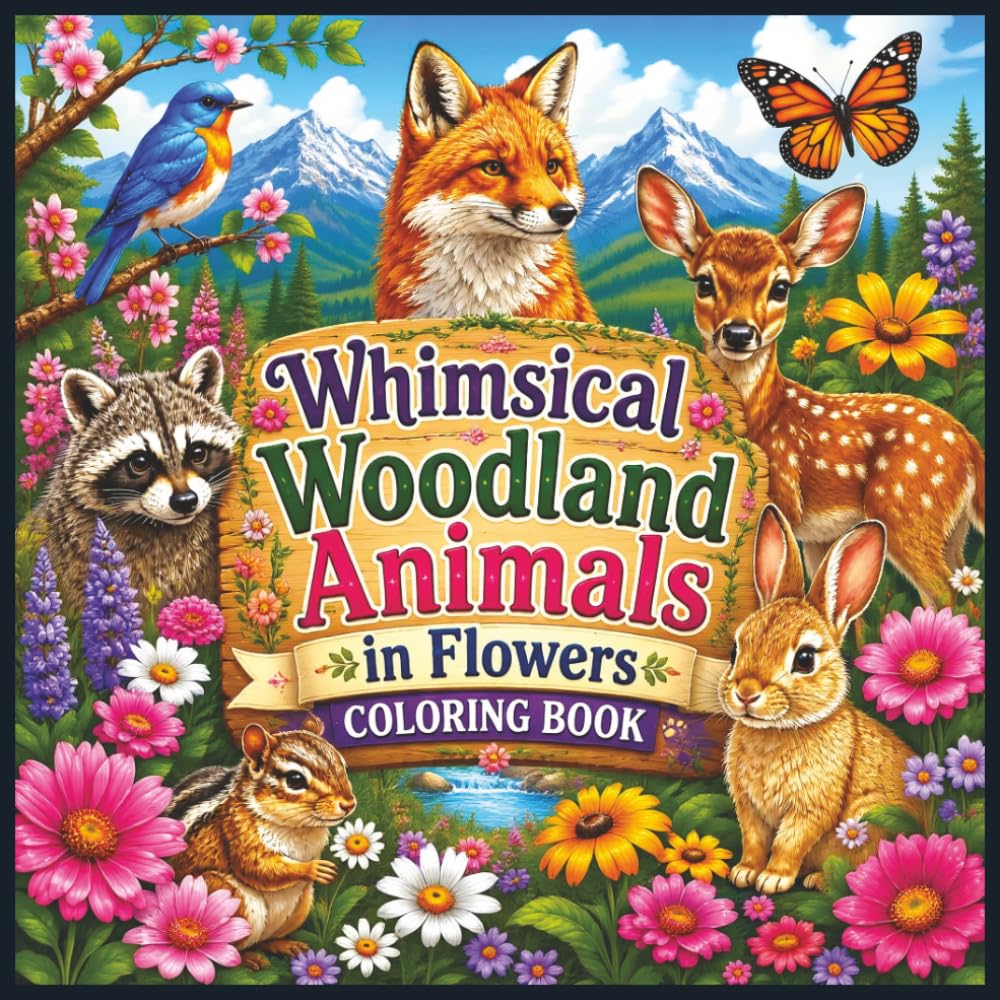 Whimsical Woodland Animals in Flowers Coloring Book