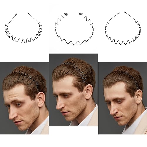 Miniatura 4 de Banda de metal para el pelo para hombres y mujeres, 3 unidades, color negro, ondulado, para el cabello, para deportes al aire libre, diademas