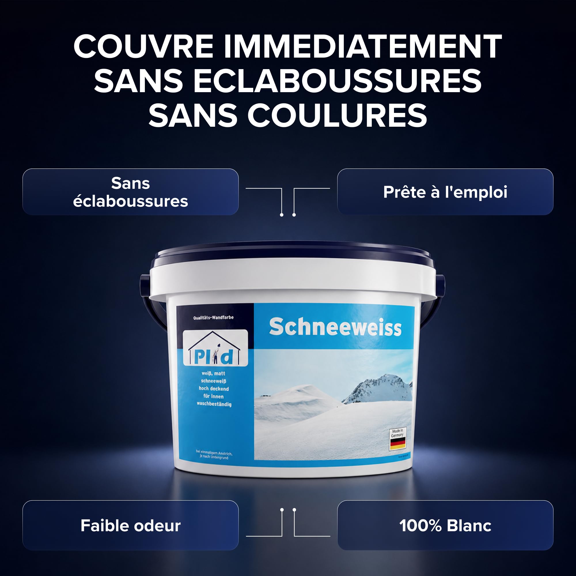 Plid® Peinture blanche mur et plafond, Blanc mat 10 L - pour env. 60m² - Haute couvrance, Application facile, Faible odeur - Pot de peinture murale interieur Blanc polaire - Rénovation, Décoration