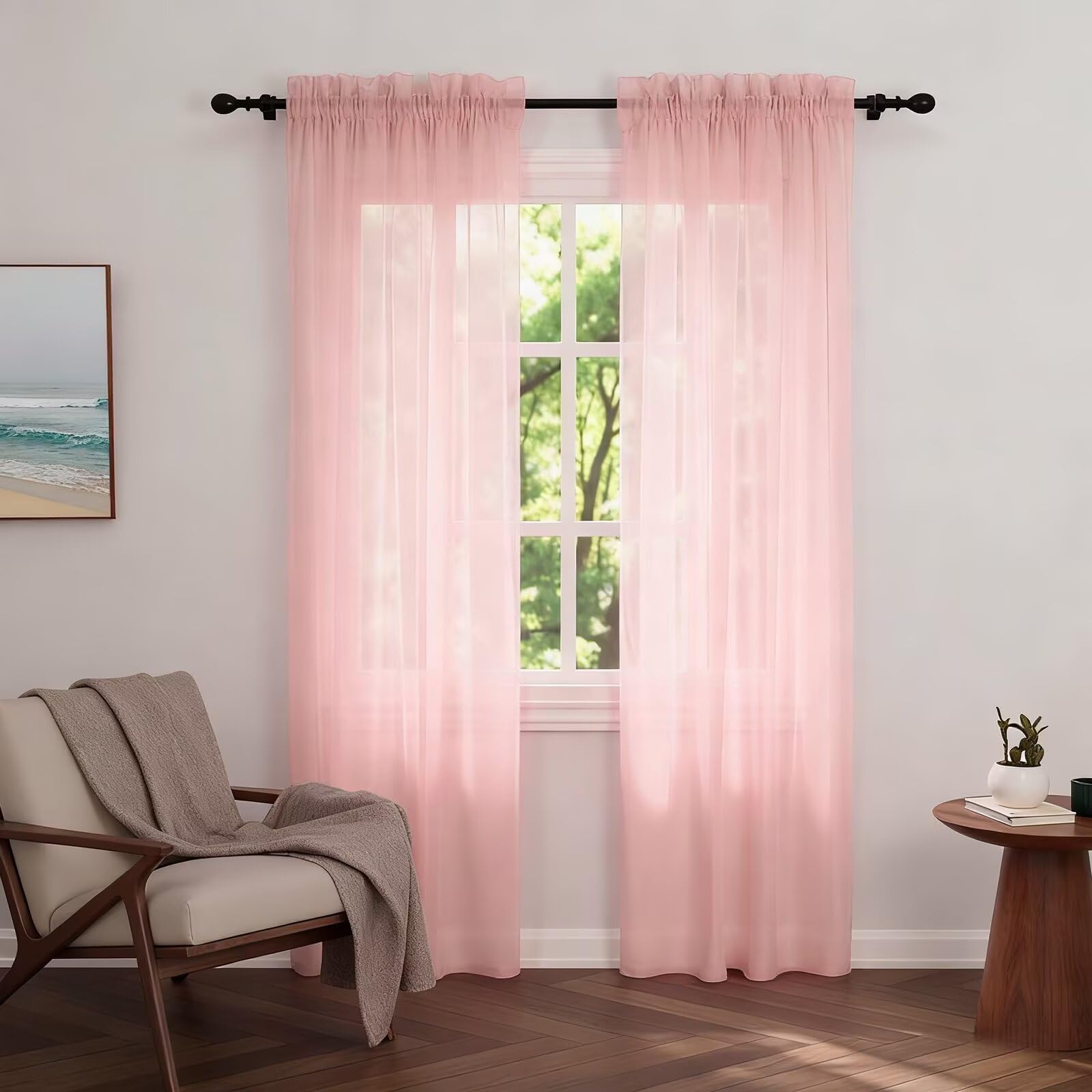 Zdada Net Curtains for Windows 84 Drop, Pink Slot Top Voile Curtains, Semi Transparent Sheer Curtain Net Curtain Panel for Living Room Kitcken W60xL84 Inch,2 Panels — image 1