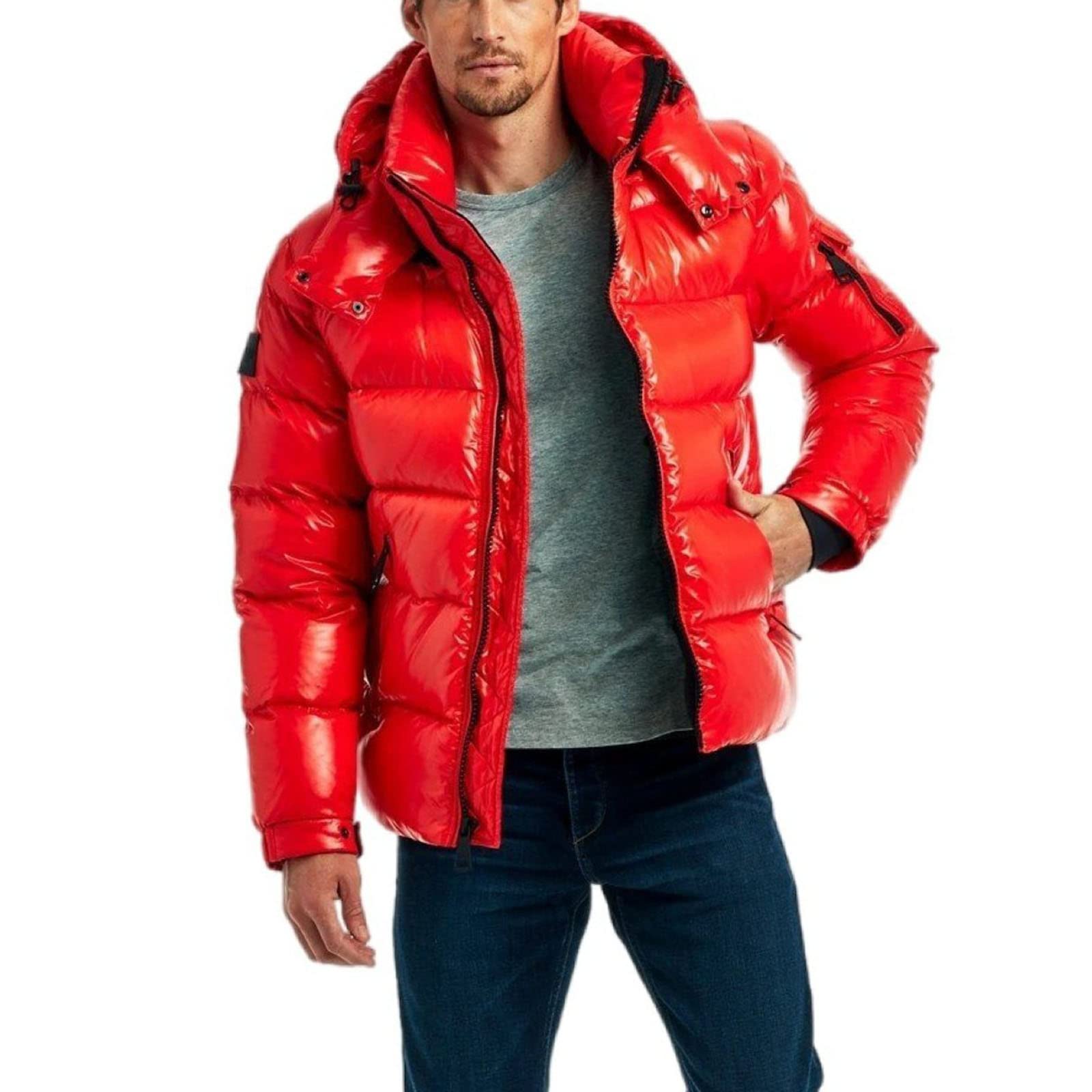 sunongvt Shiny Down Jacket for Men,Winter Waterproof Hooded Full Zip Warm Puffer Jacket Windproof Stand Collar Casual Coat,Red,S