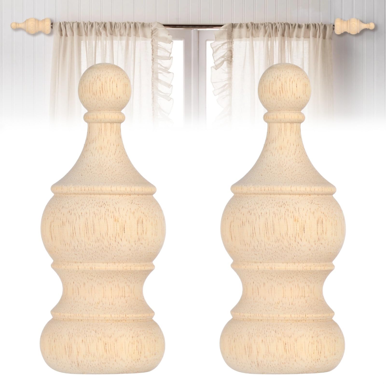 2 Pcs Wooden Finials for Home Decor, 5.9 X 2.4 Inch Oak Finials for Bed Post, Curtain Rod, and Staircase Decoration