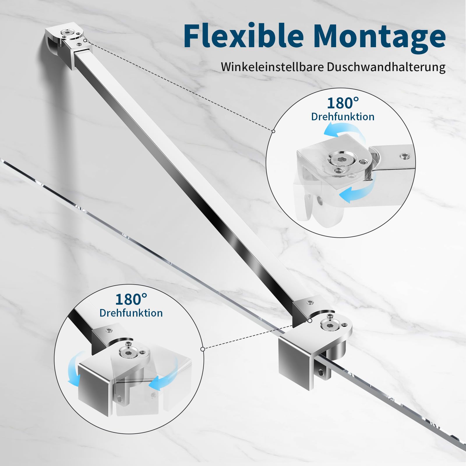 SVNR Soporte giratorio flexible 180° para mampara de ducha 50 cm, estabilizadora para cristal 6-10 mm, barra de acero inoxidable