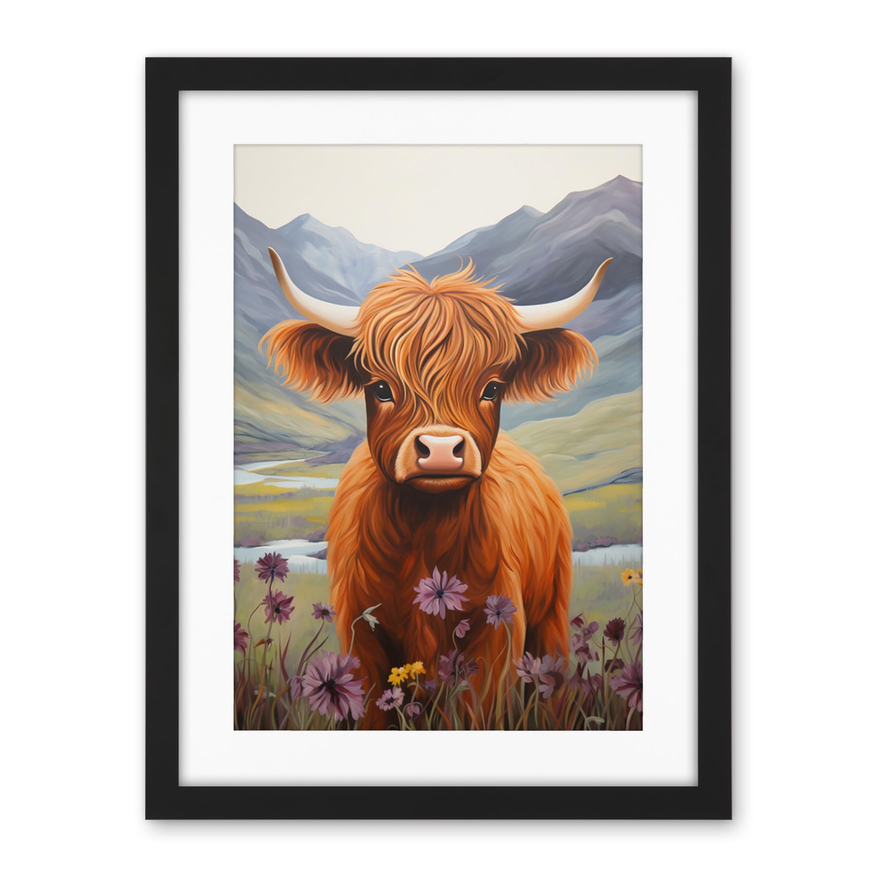 Artery8 Kids Bedroom Nursery Artwork Highland Calf Cow in Heather and Cornflower Glen Scotland Artwork Framed Wall Art Print 18X24 Inch