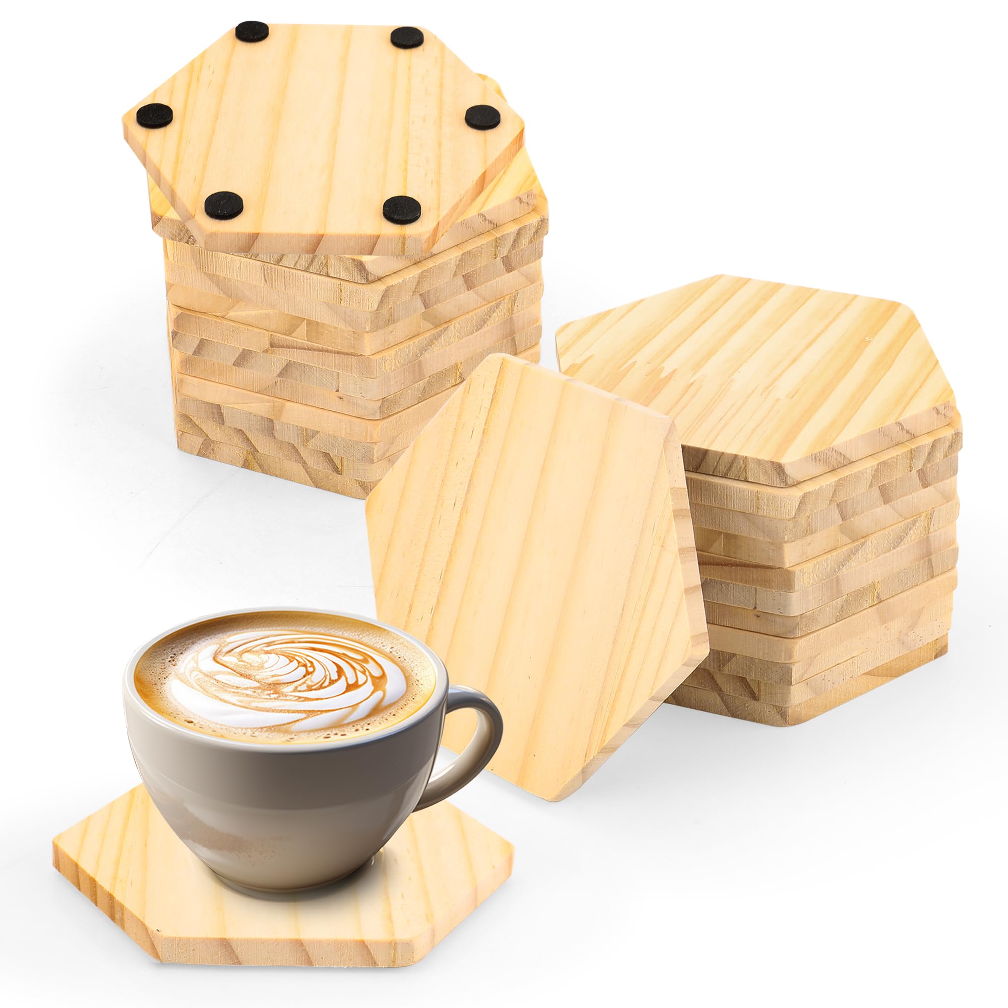 YKUKIZEE 24 Pcs Hexagonal Wood Coasters for Crafting 10 cm, 8 mm Thick Blank Craft Coasters Bulk 4 inch, Unfinished Hexagon Wooden Coasters DIY Drinks Painting Engraving