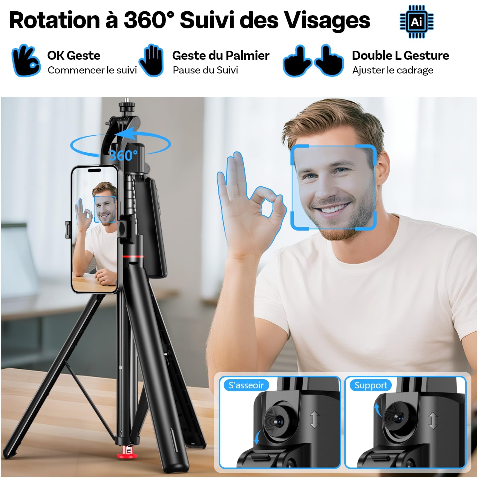 Trépied Selfie Stick avec Suivi du Visage 360° AI par MMOBIEL - Contrôle Gestuel, Télécommande Snap-Out, Bluetooth 5.4, Perche Extensible 1,76m, Trépied Auto-Ouverture pour iPhone, Android, GoPro