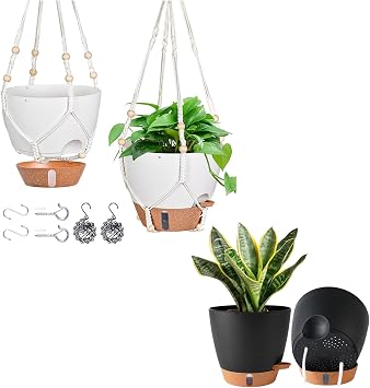10 Inch Hanging Planters for Indoor Plants & Outdoor - 2 Pack Self-Watering Hanging Pots with Drainage Holes, Visual Reservoir, 2 Hangers - Self-Watering Hanging Baskets Flower Pots