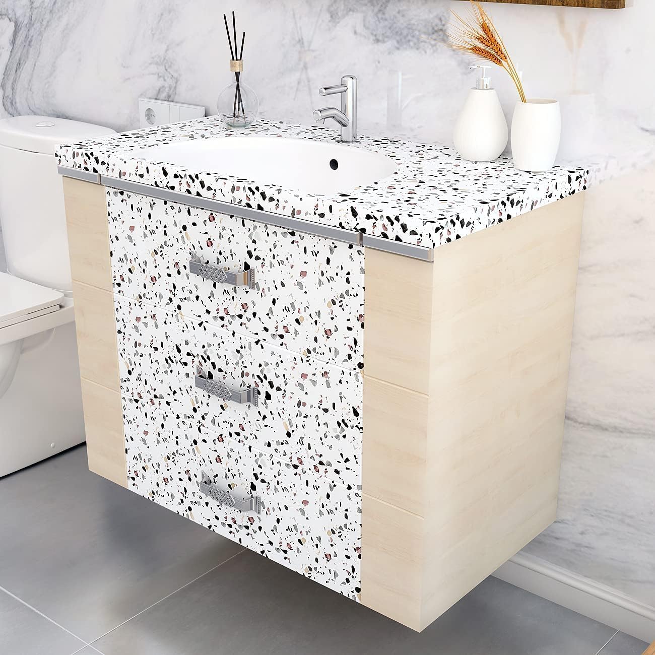Decotalk Carta da Parati Effetto Terrazzo Bianco Moderna 90X300cm Pellicola Adesiva Per Mobili Bianco Decorazione Parete Rivestimento Adesivo Per Piano da Cucina Armadio Adesivo Vinile Impermeabile