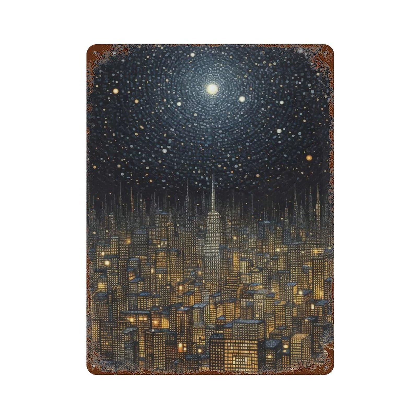 Night Cityscape with Stars Aged Metal Wall Plaque 15.7"x11.8", Industrial Home Decor for Pub, Kitchen And Man Cave Decor