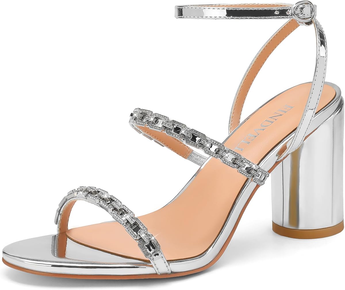 FINDVELL Women's Strappy Heels Rhinestone Chain Chunky Block Heel Sandals Round Open Toe Glitter Ankle Strap Party Wedding Dress Shoes