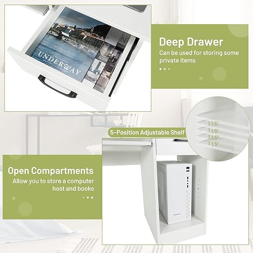 Miniatura 4 de Tangkula Escritorio blanco para computadora con bandeja para teclado y cajón, moderno escritorio de estudio de madera con estantes de almacenamiento