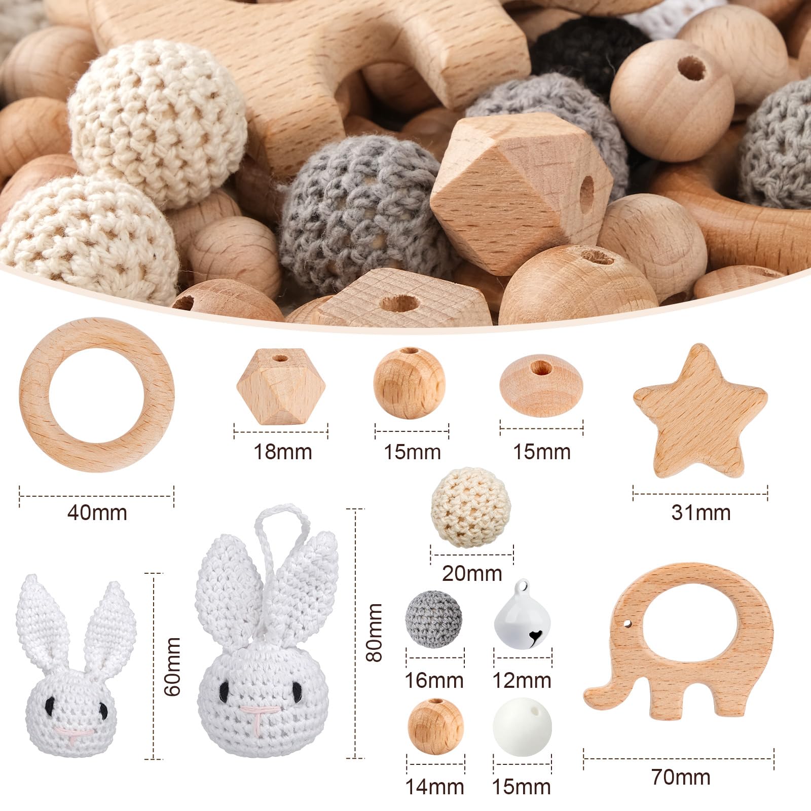 ARTREE 1 Conjunto de cuentas y anillos de madera, cuentas de para macramé kit de manualidades DIY.