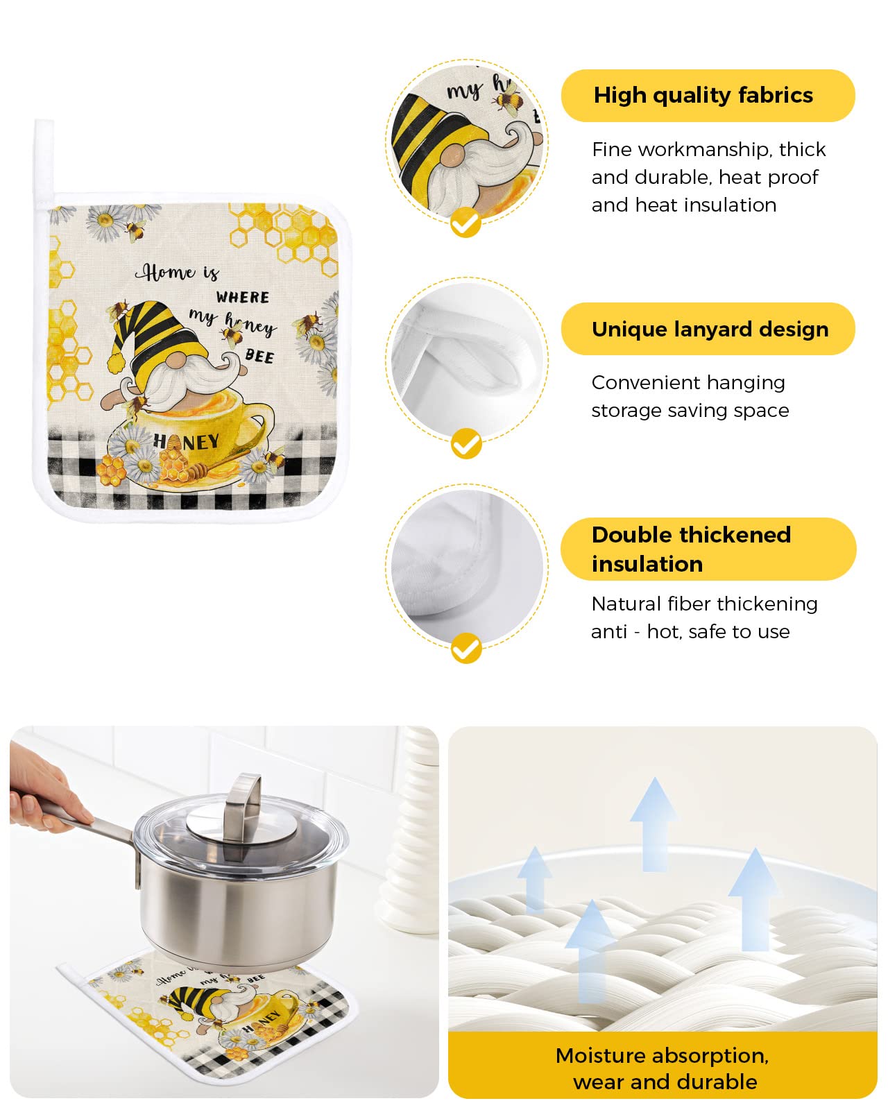 2 Packs Bee Gnomes Pot Holders Sets for Kitchen,Oven Pan Plate Bowl Pads Heat Proof Mat with Hanging Loop,Thick Terry Cloth Potholders For Cooking Baking Honey Spring Summer Country Rustic Plaid Daisy