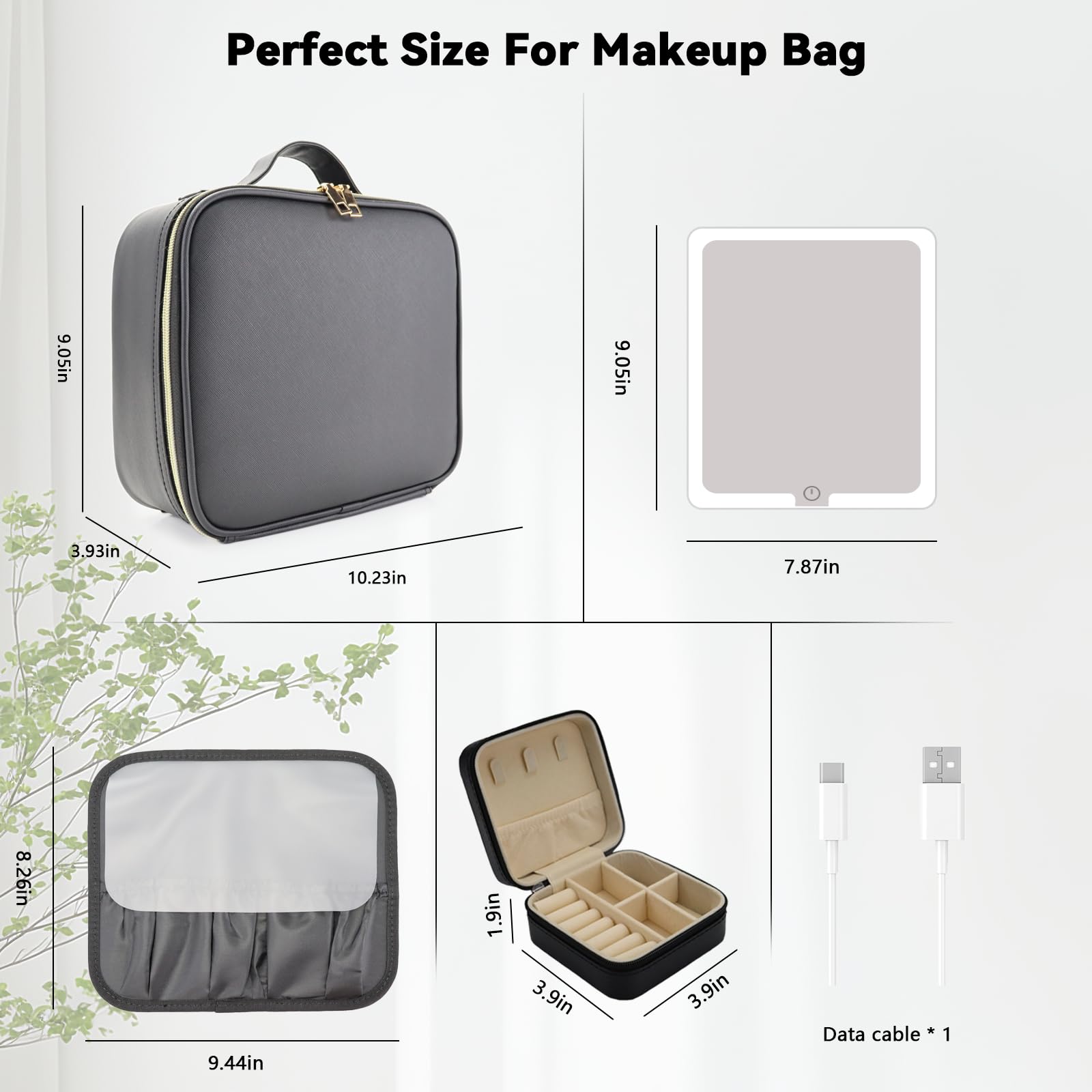 Reise-Make-up-Tasche mit LED-Spiegel mit 3 beleuchteten Einstellungen, verstellbaren Trennwänden, Make-up-Pinsel-Aufbewahrungstasche und Schmucketui, Schwarz