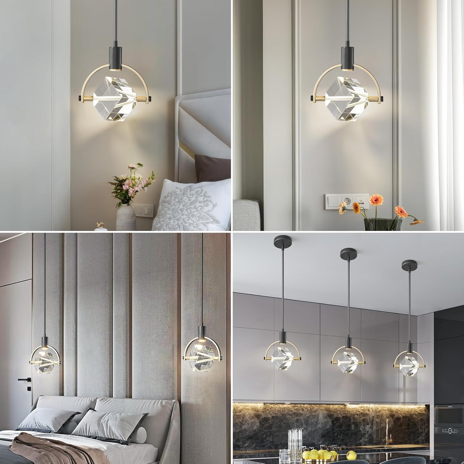 Pendant Ceiling Light Fixture for Kitchen Island, Dimmable Modern Integrated LED Hanging Light, Crystal Pendant Light in Black Gold Finish, Bedroom, Dining Room (1-Lights)