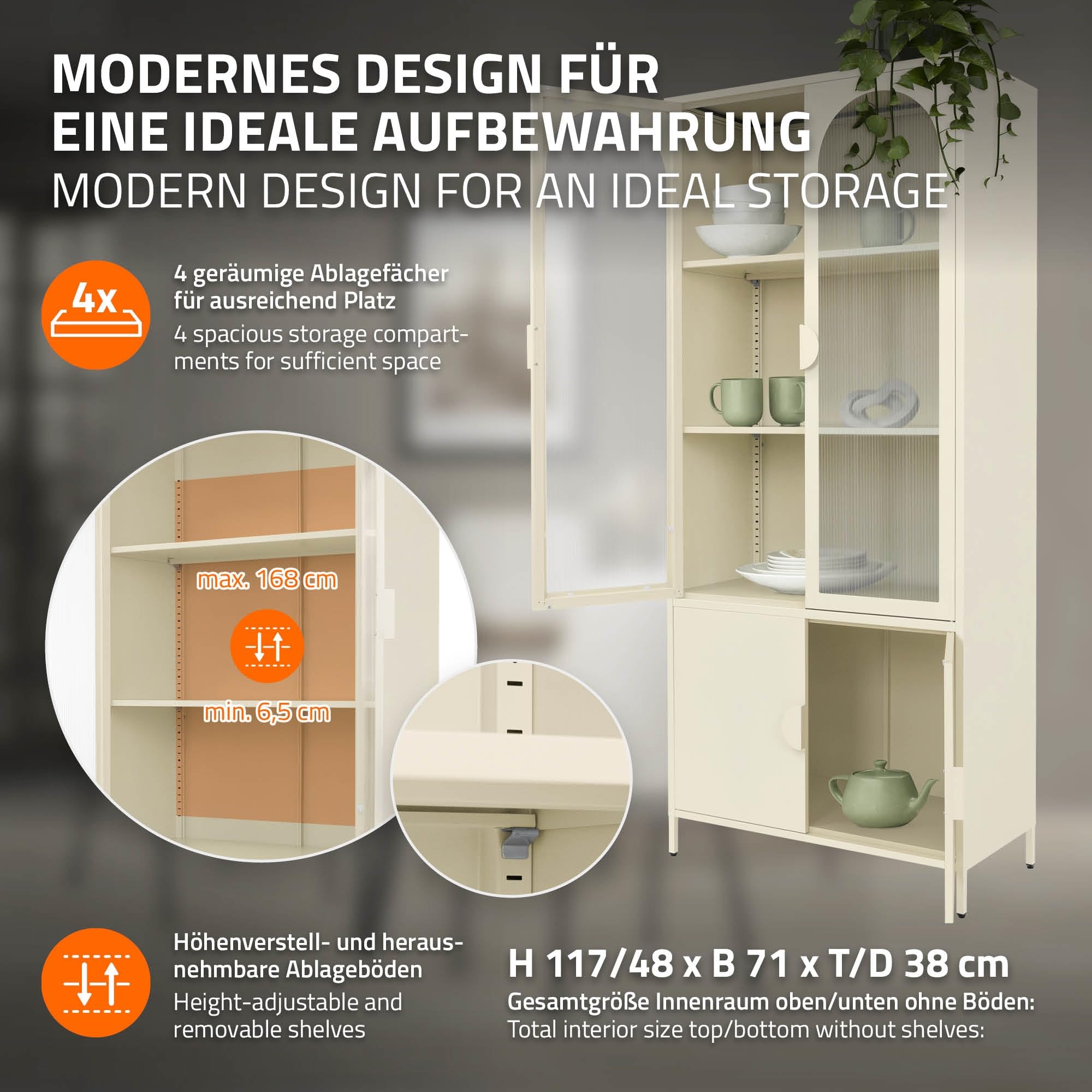 ML-Design Vitrinenschrank 80x185x40 cm aus Stahl, Creme, Küchenschrank mit 4 Ablage-/Regalfächer & 4 Türen, Metall Vitrine Hochschrank Bücherschrank Aktenschrank, Aufbewahrungsschrank für Wohnzimmer