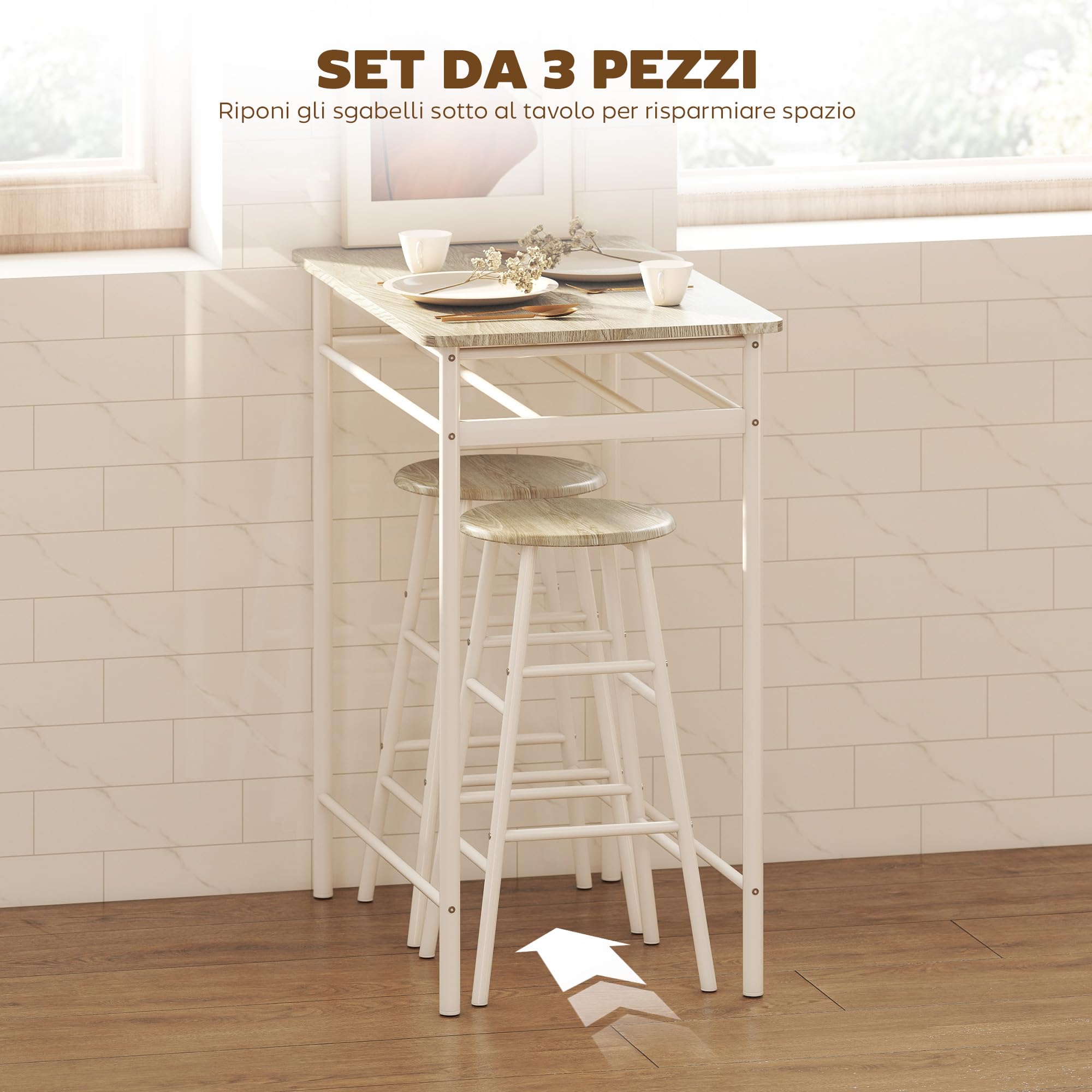 HOMCOM Set Bancone Bar con 2 Sgabelli Alti in Legno Stile Nordico, Tavolo Alto con Mensola e Sgabelli Cucina con Poggiapiedi, Bianco