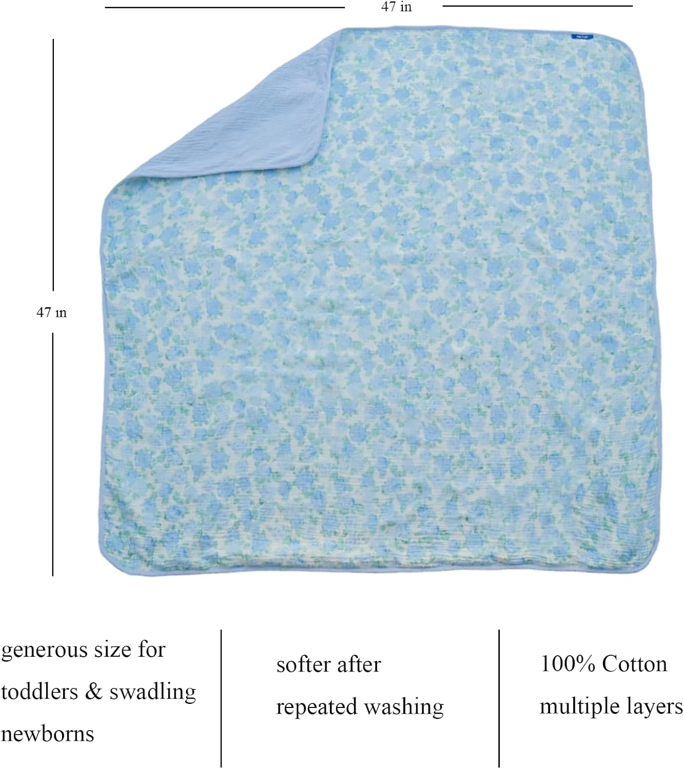 100% Cotton Muslin Baby Blanket,Reversible Receiving Blanket for Girls,Premium Organic Cotton Crib Quilt for Newborns Toddlers,Soft&Durable for Nursery,Tummy Time,Blue Rose 47x47in