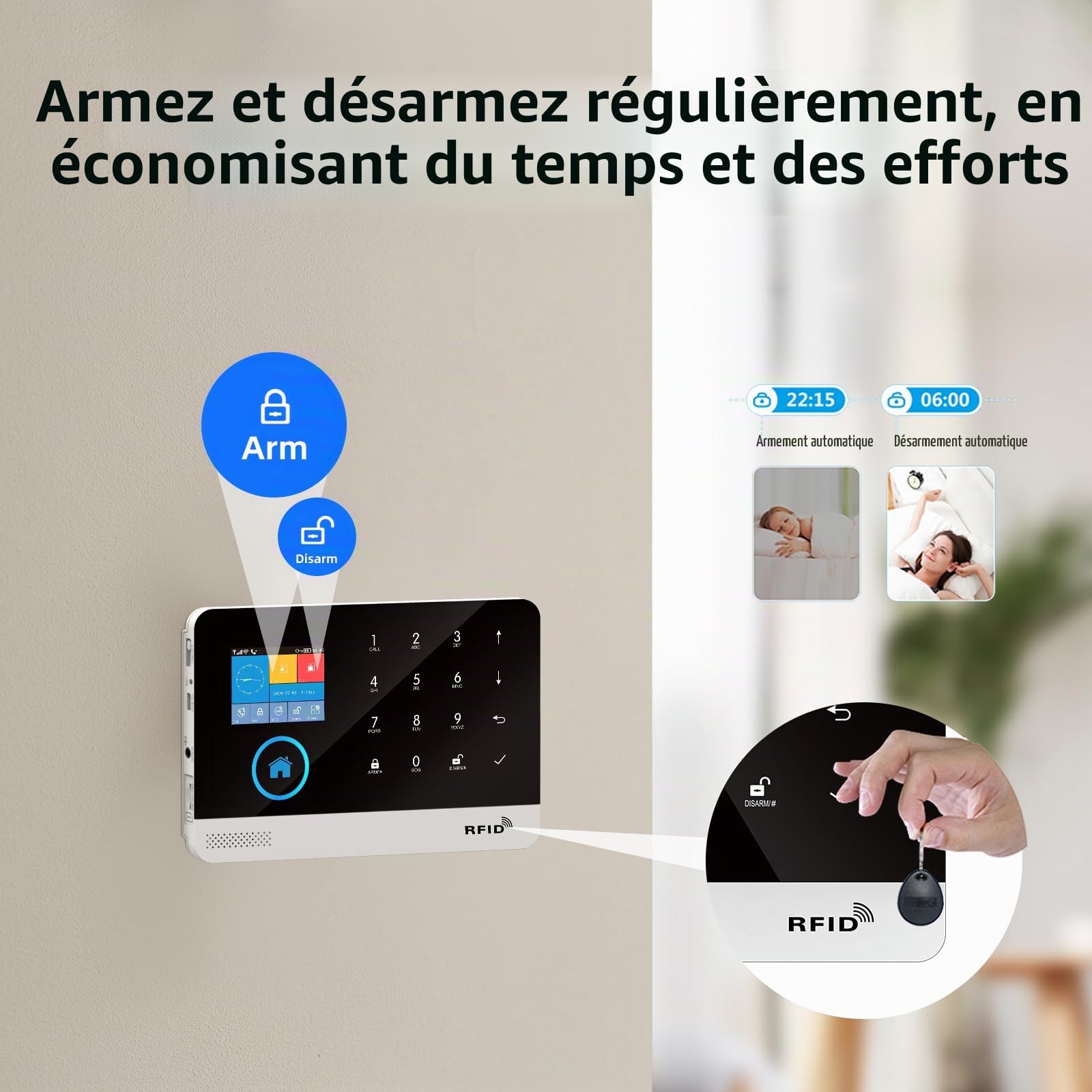 LWOHSI Système d'alarme de sécurité Domestique sans Fil avec détecteur de Mouvement, Notifications d'application, capteur de Porte/fenêtre, sirène, Compatible Alexa, Pas de Frais mensuels