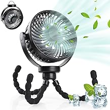 Hianjoo Baby Stroller Fan, Pram Fan with LED Light 5200mAh Octopus Desk Fan Silent Camping Fans with Hook, 360° Rotated Versatile Mini Fan for Baby Stroller Car Seat Traveling Outdoor Cycling (Black)