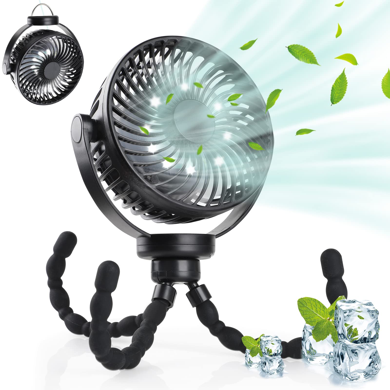 Hianjoo Kinderwagen Ventilator mit LED Leicht, 5200mAh Kleiner Tischventilator Camping Ventilator, 360° Drehung Tragbarer Wiederaufladbar Ventilator für Camping Zelte Hause Büro - Schwarz