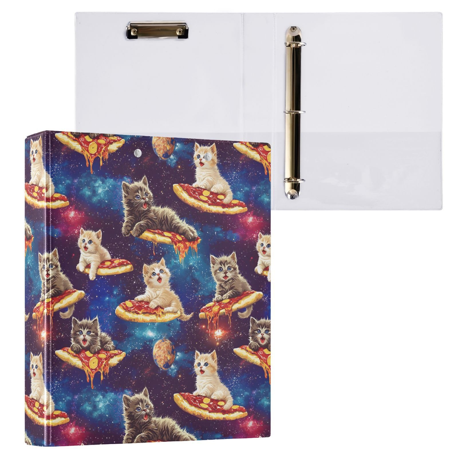 ALAZA Cute Cat Kitten Galaxy Pizza 3 Ring Binders with 3 Interior PVC Clear Pockets Clipboard Versatile Binders 200 Sheets for Office Home School 1