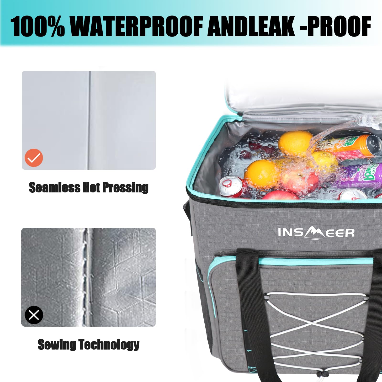 INSMEER Borsa termica Gross da 55 l, 80 cans, pieghevole, a prova di perdite e impermeabile, con apribottiglie, XXL, borsa da picnic e shopping per gite, campeggio, spiaggia