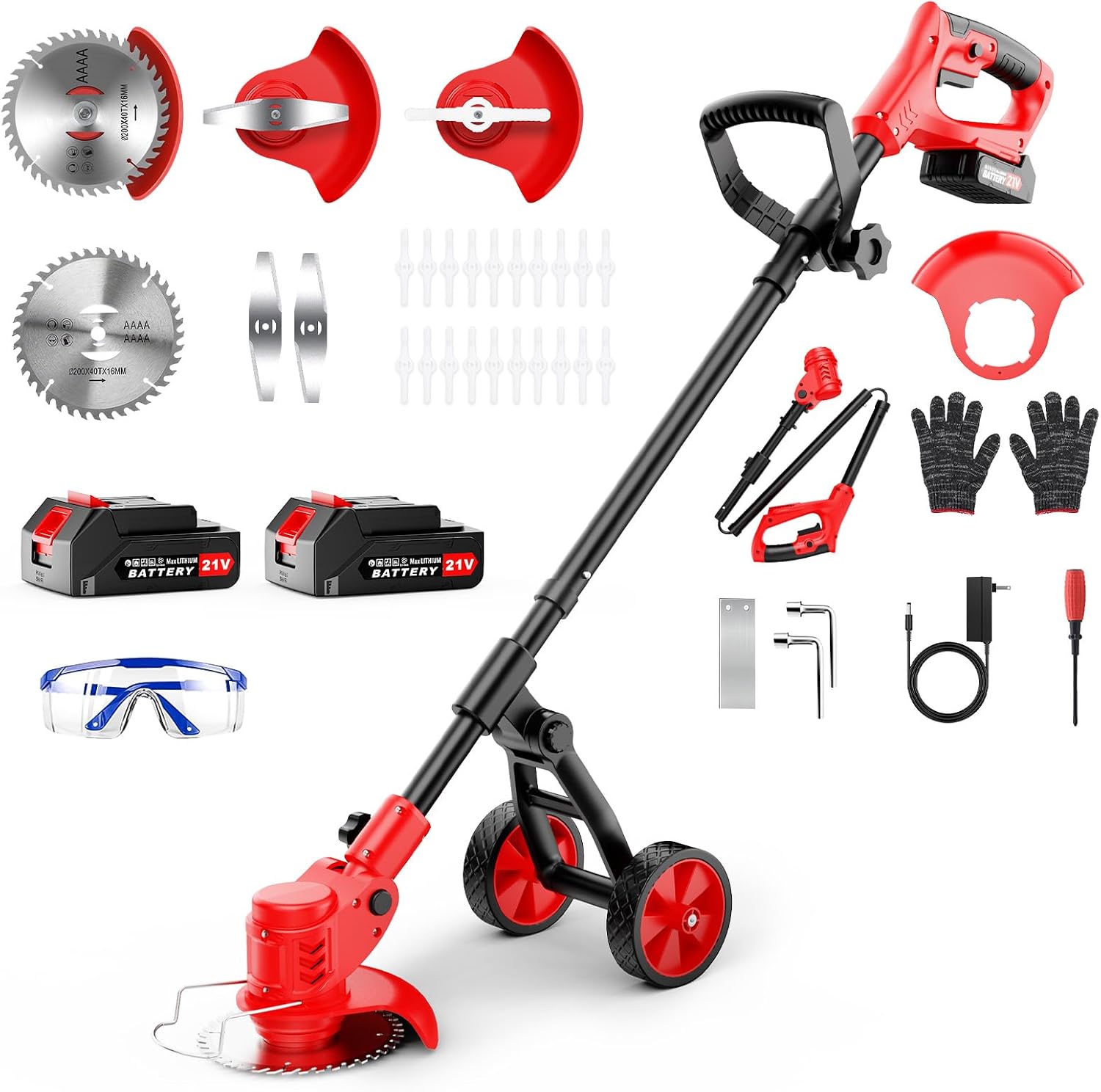 Cordless Weed Wacker 8 Inch, 21V Electric Weed Trimmer with Wheels & 3 Types Blades, 4000mAh Battery Powered String Trimmer Edger for Garden Yard Lawn Care