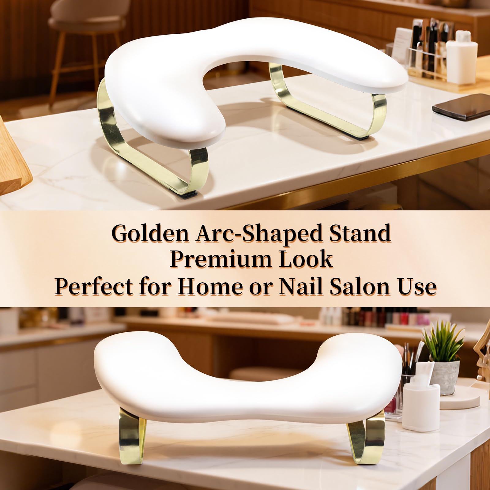 U-Shaped Nail Arm Rest with 45° Tilt and Golden Curved Stands