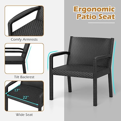 Miniatura 8 de COSTWAY Juego de muebles de patio de 3 piezas, muebles de mimbre de ratán PP para exteriores con 2 sillones modernos de ratán y mesa auxiliar de