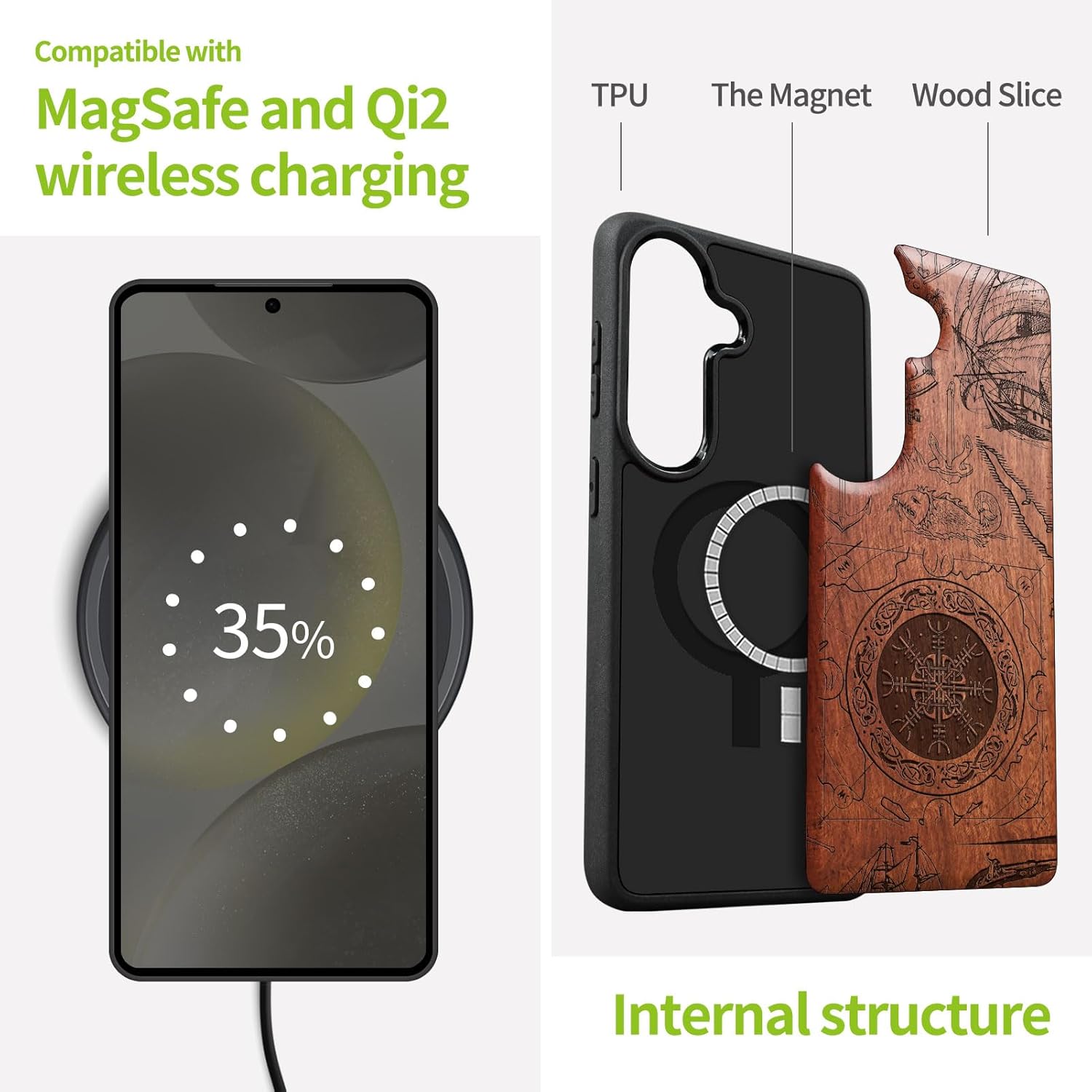 Carveit Magnetic Wooden Case for Galaxy S26+ Samsung S26 Plus Case, TPU Shockproof Cover & Wood Engraved, Compatible with MagSafe Wireless Chargers (Viking Shield) Rosy