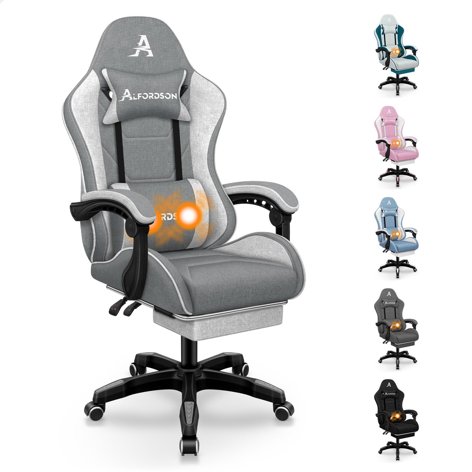 ALFORDSON Fotel gamingowy, obrotowy, do masażu, ergonomiczne krzesło dla graczy z chowanym podnóżkiem, zagłówkiem, poduszka lędźwiowa do masażu, nośność 180 kg, kolor szary