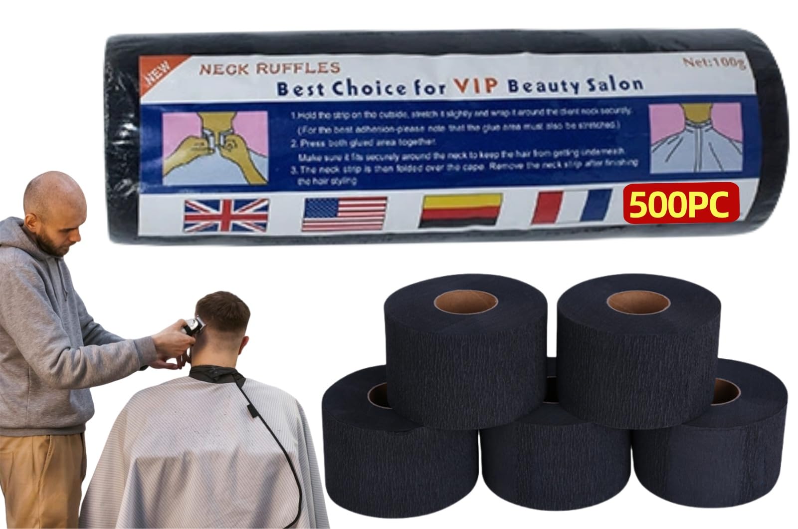 Carta Collo Barbiere,500pcs Carta Collo Barbiere Usa e Getta,Carte Collos Parrucchiere,Neck Strips,Elastica Fascia Protettiva,Nero